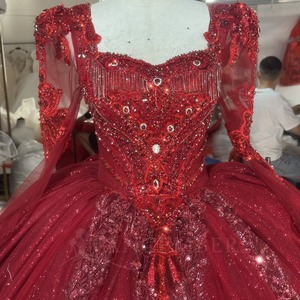 Wx450 <b>Red</b> <b>Glitter</b> Tulle Prom Dress Square Neck Long Sleeve Beaded Lace Ball Gown With Ruffle Hem Jancember - Product Image 5
