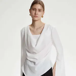 Chemise légère à la mode ourlet en forme de V côté chemise en mousseline de soie plissée irrégulière manches longues pour les femmes