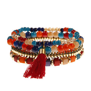 Douvei Set di 4 Braccialetti per Bambini con Pietre Naturali, Agata Rossa, <span class=keywords><strong>Guarnizione</strong></span> in Plastica Trasparente Gialla, Stile Bohémien Etnico con Lunga Nappina - Product Image 2