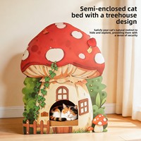 Direct usine, Lit pour chat multi-niveaux en forme de champignon, design cartoon, semi-fermé, avec structure d'escalade et griffoir, mobilier pour animaux en carton