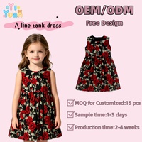 Gaun A-Line Motif Mawar Tanpa Lengan untuk Anak Perempuan, Gaun Pesta Kasual Bermotif Bunga, Pakaian Anak Perempuan dengan Pola Mawar Vintage, Gaun Tank Anak