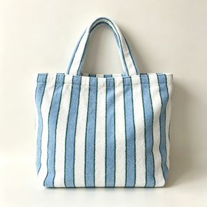 Sac fourre-tout en tissu éponge rayé bleu pour femme, sac de plage, sac à main en tissu éponge rayé avec fermeture ouverte, sac de piscine d'été - Product Image 2
