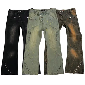 Pantalon vintage empilé pour homme, jean à boutons latéraux, jean en denim évasé empilé - Product Image 1