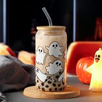 Mug en verre Halloween Ghost Fall avec couvercle et paille, gobelet réutilisable anti-fuite pour femmes et adolescentes, moderne, léger et facile à nettoyer