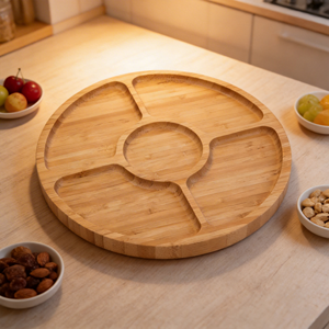 Plato de Servir Redondo de Bambú Moderno, Ecológico y Duradero, con 5 Compartimentos, para Fiestas y Eventos en el Hogar - Product Image 2