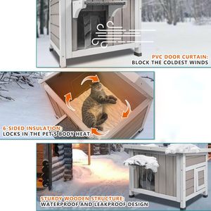 Maison pour chat d'extérieur en bois, isolée et résistante aux intempéries, pour chats errants, utilisation hivernale, avec porte d'évacuation et toit ouvert en asphalte - Product Image 4