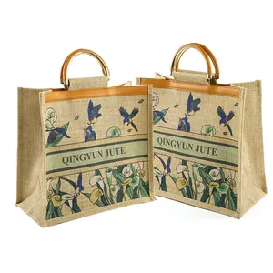 Qingyun Customized Logo Pattern Color Burlap Jute Yuta Fabric Plain Tote Bag Boutique Shopping Bags