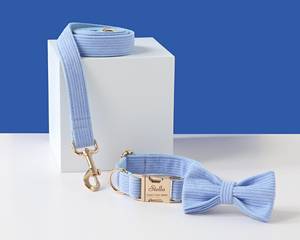 ชุดเชือกจูงสุนัขผ้าลูกฟูกสีฟ้าอ่อนมีสายผูกโบว์ผูกกระเป๋าสำหรับใส่อุจจาระไม่มีสายดึงสำหรับลูกสุนัขเด็กผู้ชาย - Product Image 3