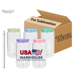 Wholesale Bulk 16oz 16 Oz Clear Frosted High Borosilicate Blank Sublimation Beer Glass Can With Colored Plastic Lid And Straw