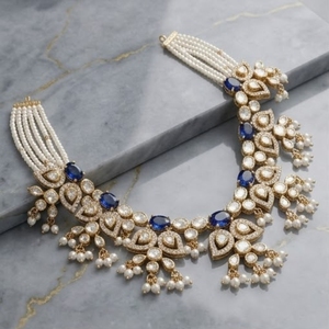 Ensemble de collier avec pendentif en argent 925 pour femmes, pierres bleues, perles blanches, travail Kundan, bijoux de mariage indiens traditionnels, ensemble cadeau - Product Image 2