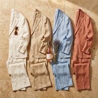 Costume deux pièces décontracté 100 % lin pour homme, coupe sur mesure, style Riviera française, couleur ivoire, idéal pour l'été, fabrication OEM, MOQ 50, vente en gros