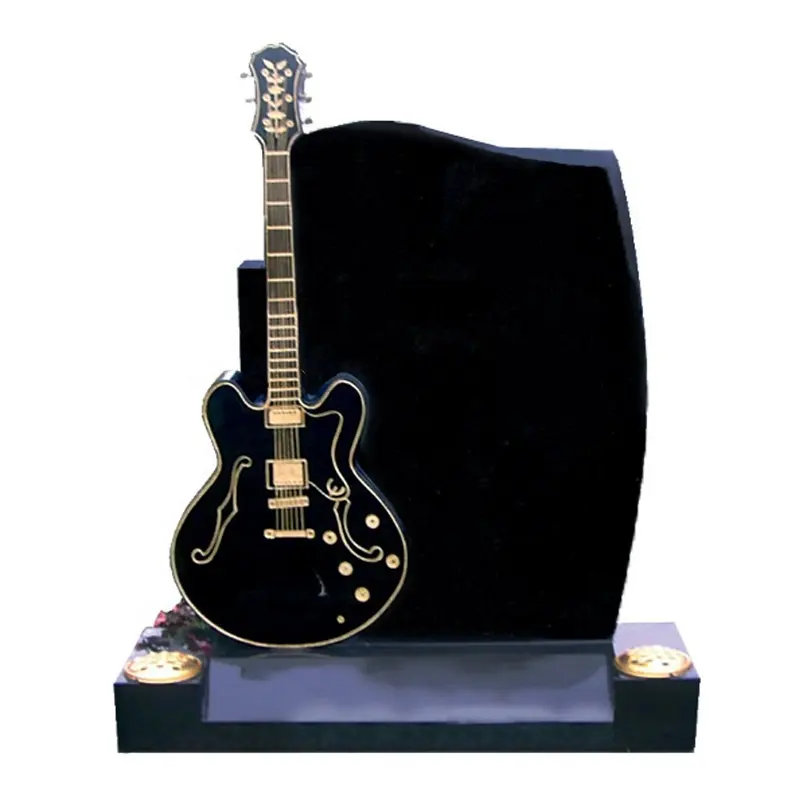 Buena calidad negro granito tallado a mano guitarra cabeza piedra monumento cementerio lápida