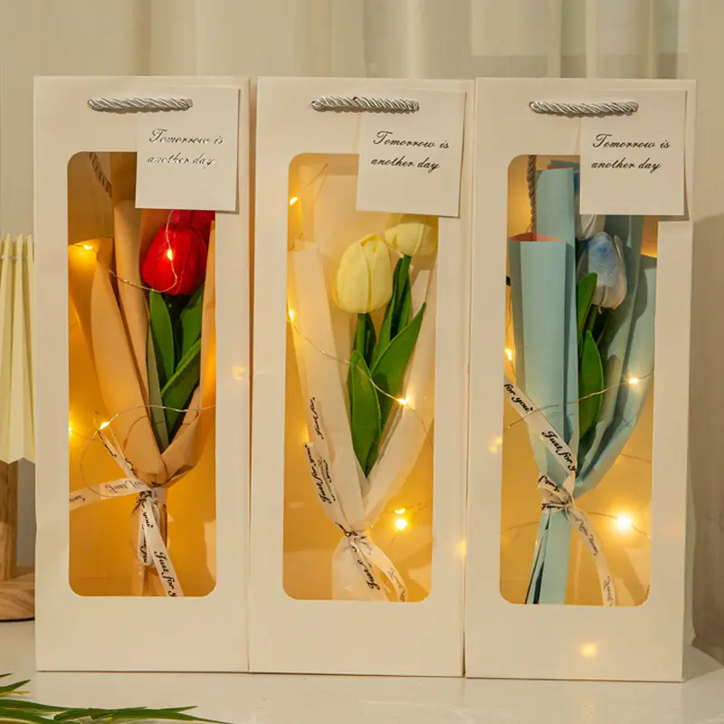 Mãe/Dia dos Namorados Graduação Temporada Gift Idea PU Tulipa Com Janela PVC Flor Caixa de Presente Artificial Único Tulipa Bouquet