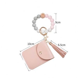 2025 New Plain Silicone Beads Bracelet Pu Card Holder With Women's Wallet <b>Leather</b> Tassel <b>Key</b> <b>Chain</b> - Product Image 2