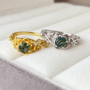 Juego de Anillos de Moda Clásica con Ágata Verde Musgo Natural y Latón Chapado en Oro de 18K, Regalo para Novia o Mujer - Product Image 3