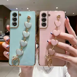 Luxury Electroplate Love Heart Chain Wrist Bracelet Phone Case For Samsung S22 PLUS A52/A32/A73/A53