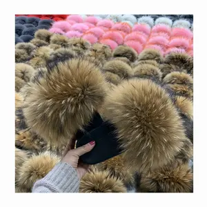 Stable Quality Real Raccoon Fur Soft Slides Natural Color Fluffy Fur Slippers Slides for Women