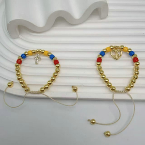 Pulsera de cuentas con dijes de circonita cúbica (CZ) de moda (corazón/cruz) y cuentas de colores chapadas en oro, pulsera con conector de estrella de circonita cúbica (CZ) para niños - Product Image 4