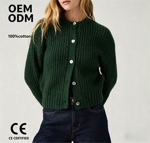 Cárdigan de Punto Acanalado Grueso para Mujer, OEM ODM Personalizado, 100% Algodón, Cuello Redondo, Abotonado, Informal, para Uso Diario - Product Image 1