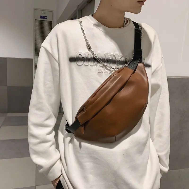 Korean fashionable leather chest bag PU solid color couple shoulder side bag trendy pleated couple crossbody sling bag for men