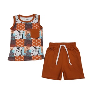 Ensemble 2 pièces décontracté pour garçons : T-shirt et short à imprimé crâne de taureau western, en tissu peigné 95% coton 5% élasthanne, collection Printemps-Automne - Product Image 1