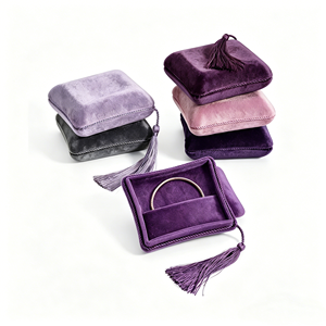 Square Velvet Ring <b>Boxes</b> With Handmade Tassel Closure Wholesale Soft Plush Velvet Interior For Wedding Band - Product Image 1