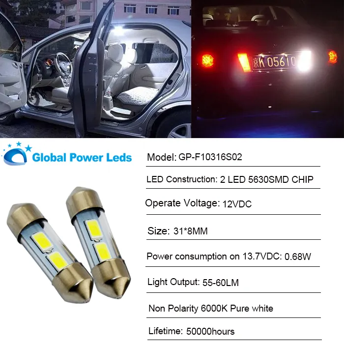 31Mm 2led 5730smd Auto Festoen Interieur Witte Lamp Led Nummerplaat 12V 24V Auto Led Lamp Auto Verlichtingssysteem