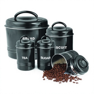 Black Stainless Steel <b>Canister</b> <b>Set</b> Ribbed Printed Design Tea Coffee Sugar Kitchen Storage <b>Canister</b> for Food Use Metal Material - Product Image 1