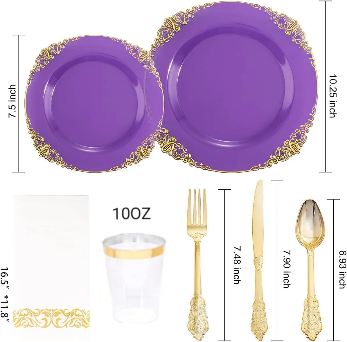 BST 175pcs Disposable food grade plastic 13 inch acrylic transparent purple wedding charger plates with gold rim