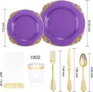 BST 175pcs Disposable food grade plastic 13 inch acrylic transparent purple wedding charger plates with gold rim