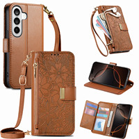 Étui portefeuille à bandoulière imprimé feuilles et fleurs pour Samsung Galaxy S26FE/S25FE/S24FE, coque de téléphone pour iPhone 16E/17E