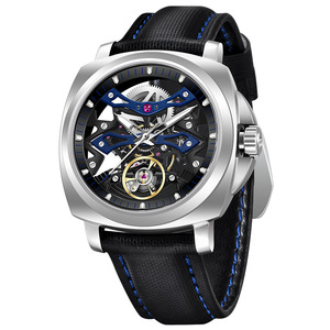 Reloj mecánico Skeleton para hombre, acero inoxidable, 14mm, esfera de cristal resistente al agua, correa de cuero de vaca PD-YS017 - Product Image 5