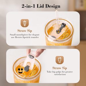 Gobelets à café glacé avec couvercles, gobelet <span class=keywords><strong>en</strong></span> <span class=keywords><strong>verre</strong></span> côtelé avec paille et couvercle, gobelet anti-fuite de <span class=keywords><strong>20</strong></span> oz, gobelets <span class=keywords><strong>en</strong></span> <span class=keywords><strong>verre</strong></span> réutilisables pour bar à café - Product Image 3
