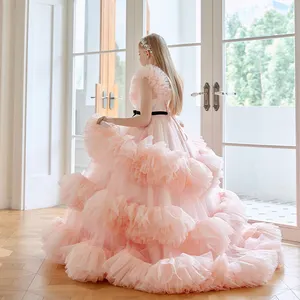 Vestido de baile de lujo personalizado rosa para niñas, vestido de princesa de tul plisado de espuma para pastel, vestido de noche de niña de las flores para niños