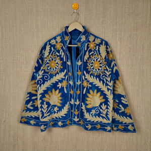 <b>Women</b> Blue <b>Velvet</b> Embroidered Suzani <b>Jacket</b> With Floral Pattern Full Sleeve Stand Collar Handmade Bohemian Autumn Outerwear - Product Image 1