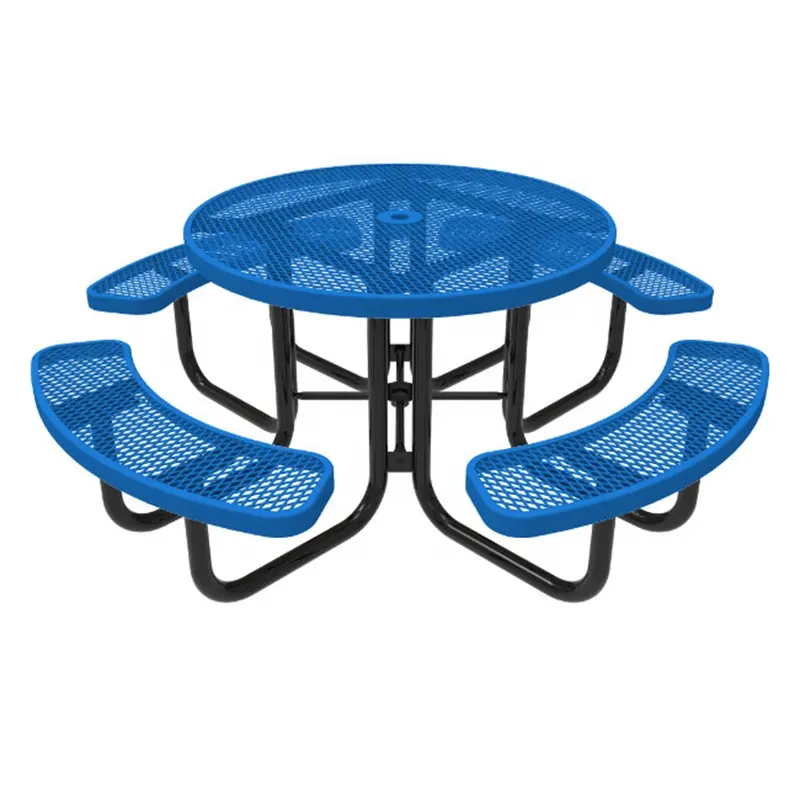 Outdoor Commercial 46" Thermoplastic Steel Round Picnic Table And Bench Outside Furniture Metal Dining Table Chair With Umbrella