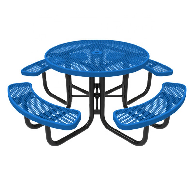 Outdoor Commercial 46" Thermoplastic Steel Round Picnic Table And Bench Outside Furniture Metal Dining Table Chair With Umbrella