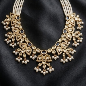 Ensemble de collier avec pendentif en argent 925 pour femmes, pierres bleues, perles blanches, travail Kundan, bijoux de mariage indiens traditionnels, ensemble cadeau - Product Image 3