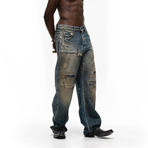 OEM <strong>Mens</strong> High Level <strong>Jeans</strong> 5-Pocket Style Button Fly Sun-Fade Dirty Wash Repaired <strong>Workers</strong> <strong>Jeans</strong> denim wholesale - Product Image 5