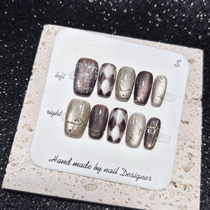 <span class=keywords><strong>Faux</strong></span> ongles de luxe faits à la main, réutilisables, effet œil de chat, motif Argyle marron, chrome doré 3D, à coller, pour la vente en gros - Product Image 2