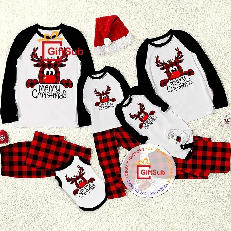2022 Christmas Family Matching Outfits Sublimation Blanks Red Buffalo Plaid Xmas Pajamas Raglan Long Sleeve T Shirts