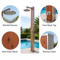 Colonne de douche extérieure de luxe en cèdre rouge avec pommeau de pluie et robinet de pied intégré pour piscines, spas et saunas