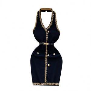 Robe Tunique Midi Col V Roman pour Femme, Sans Manches, Ornée de Perles, Dos Nu, Pailletée, en Dentelle, Noire - Product Image 5