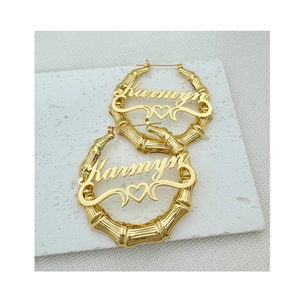 Pendientes de <span class=keywords><strong>Aro</strong></span> Personalizados con Placa de Nombre, Chapados en <span class=keywords><strong>Oro</strong></span>, de Acero Inoxidable - Product Image 1