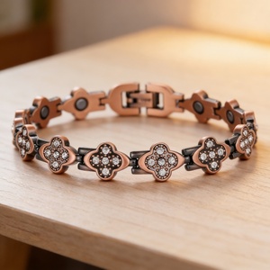 Adjustable Pure <b>Copper</b> Biomagnet Classic Women's <b>Bracelet</b> Clover Pattern Inlaid Gemstones Strong Magnetic Therapy Customizable - Product Image 1