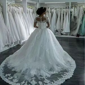 Modern Floral Print Eco-Friendly Wedding Dresses Sexy Plus Size Long Sleeve Lace Embroidery Beaded Sweep Train - Product Image 4