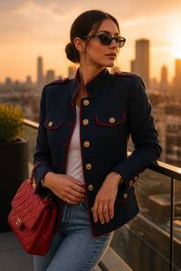 Giacca Corta da <span class=keywords><strong>Donna</strong></span>, Bottoni Dorati, Bordatura Rossa a Contrasto, Decorazione Spallina, Vestibilità Slim, Cappotto Casual - Product Image 5
