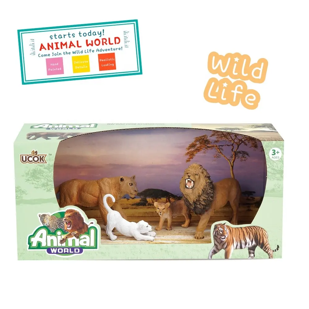 Realistis Singa Patung-patung dengan Anak Singa, 2-5 "Safari Hewan Angka Keluarga Set Termasuk Bayi Singa