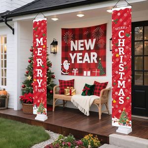 Banderas Decorativas Navideñas con Temática Roja, Cuádruples de PVC para Colgar, Rectangulares Largos de 30*180cm, Tela de Poliéster Personalizable, 2 Piezas - Product Image 1