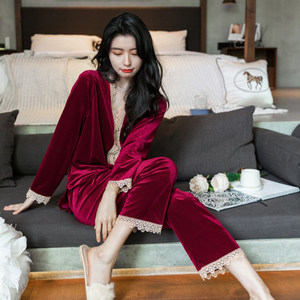 Conjunto de pijamas de terciopelo de lujo clásico para mujer, ropa de dormir transpirable con costuras de encaje de invierno, Pijamas largos para verano y otoño - Product Image 4